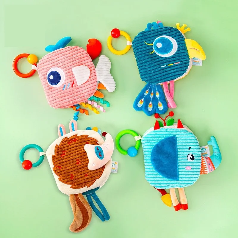 Soft Plush Animal Cloth Book Baby Sensory Toy with Crinkle Paper & Feather Teether Montessori Educational Rattle Early Learning