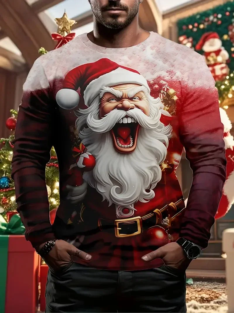 تي شيرت مطبوع بزخرفة عيد الميلاد الممتعة، زي سانتا كلوز، ملابس أنيمي مطبوعة ثلاثية الأبعاد للرجال بأكمام طويلة تي شيرت جرافيك