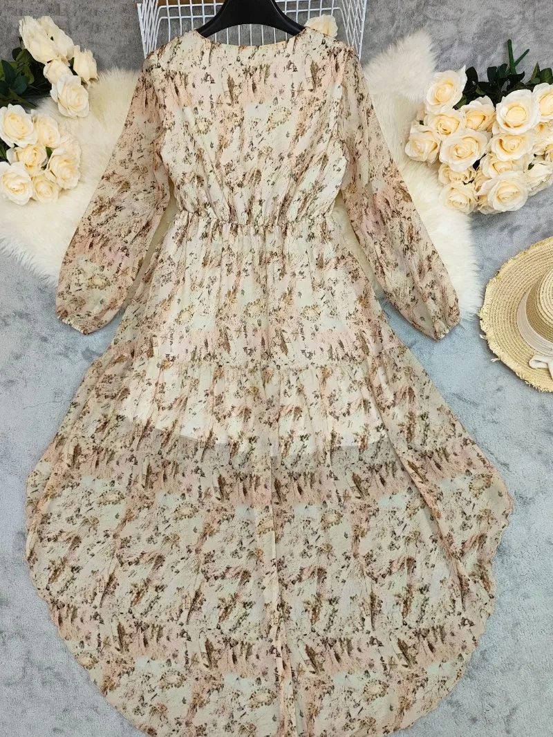 Sukienki damskie w stylu boho z nadrukiem, francuska moda koszulowa, sukienki letnie w kształcie litery A z dekoltem w serek, dopasowane w talii, codzienne ubrania, sukienki damskie z długim rękawem.