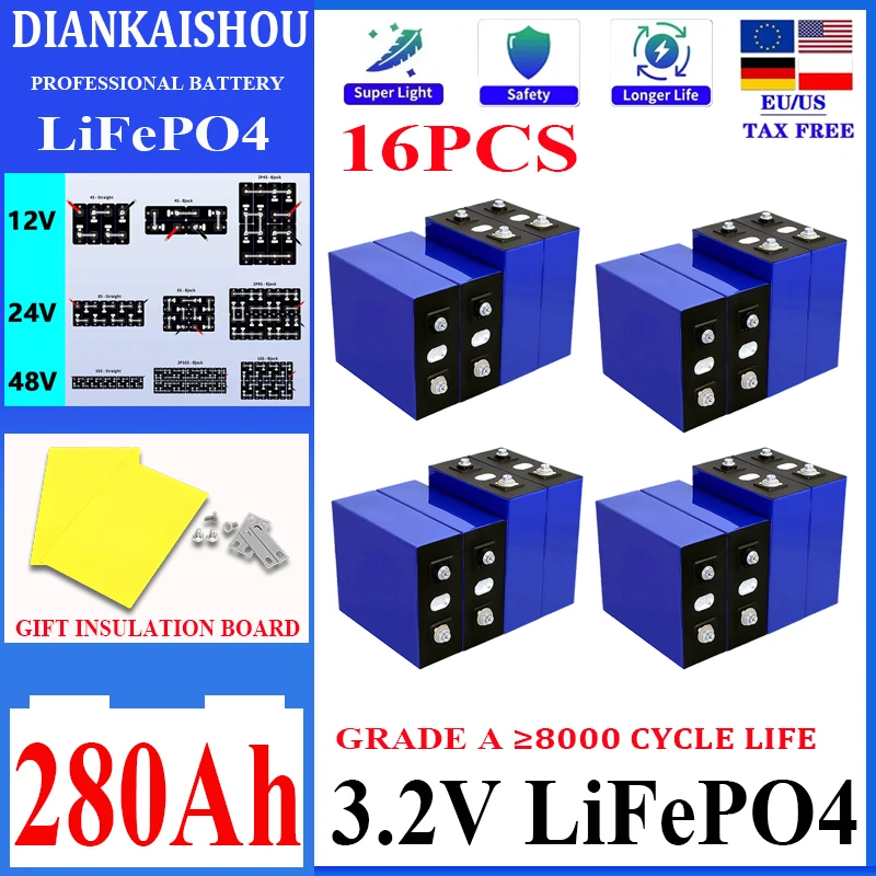 16PCS 8000 cycle 3.2V 280AH Lifepo4 Battery Grade A DIY 12V 24V48V Rechargeable Lithium Iron Phosphate Cell For Golf Cart Boat