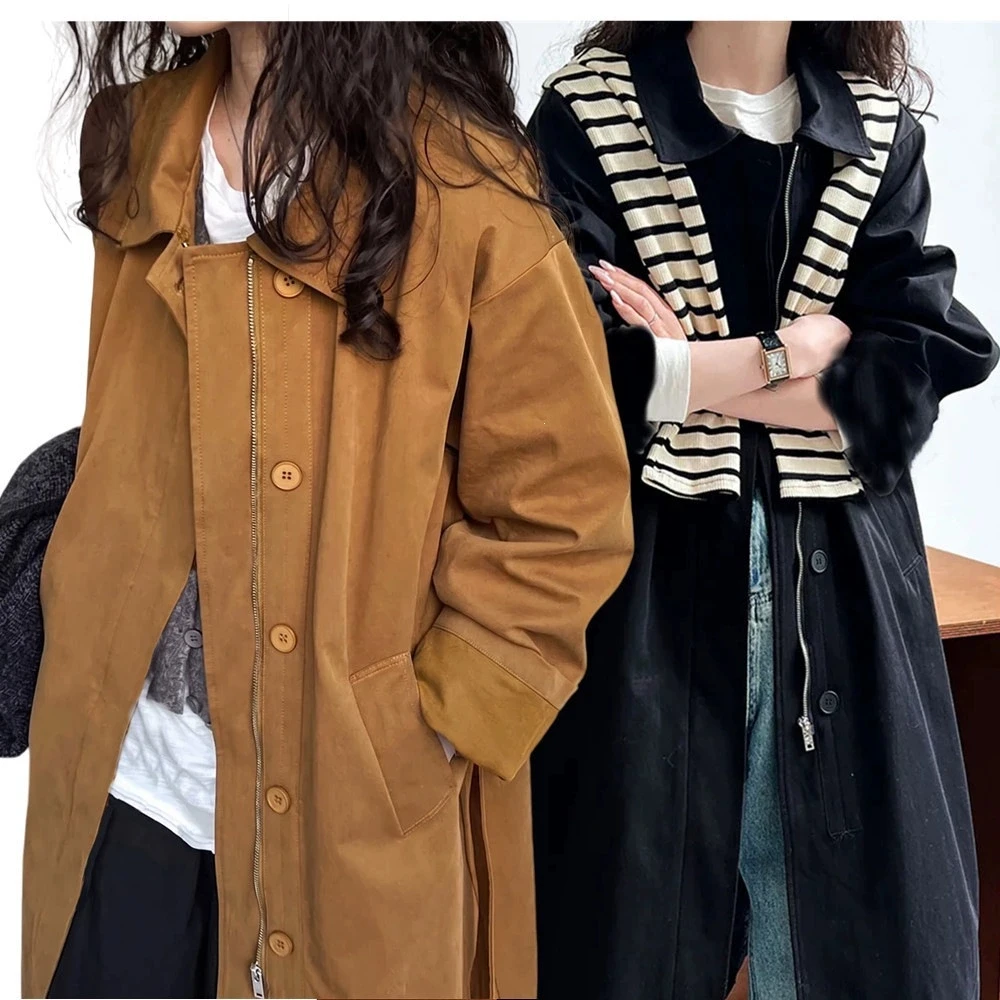 Women Stand Collar Zip Up Long Trench Coat Autumn Spring Loose Fit Button Decor Drawstring Waist Casual Windbreaker Female Outer