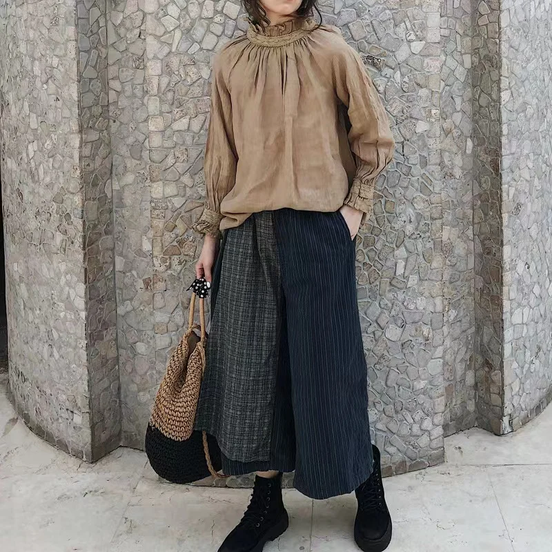 

Retro Cotton Linen Lace Trim High Collar Long Sve Women's irt Autumn Wear plus Size Korean Sle Loose Fit Commute Sle