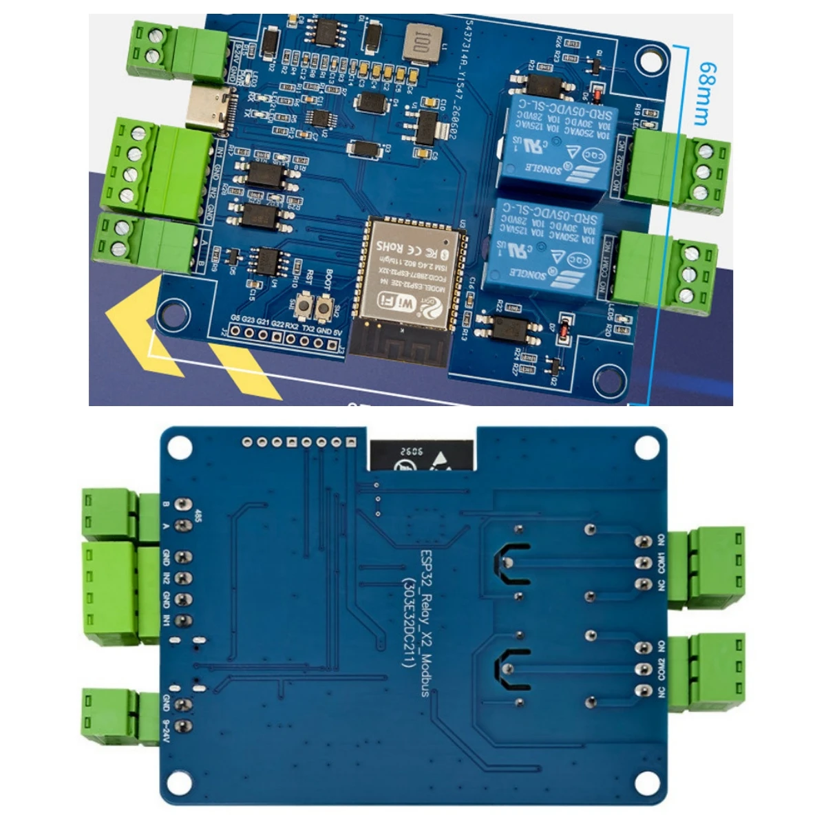 ESP32 2 Channel Relay RS485 Modbus Module 2IN 2OUT Optocoupler Isolation WiFi BT CH340 Type-C & 7-24VDC Dual Power Supply