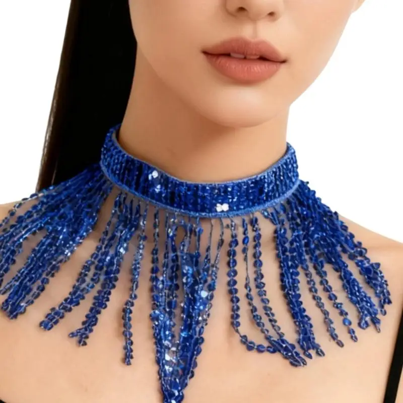 39BD Sequins Tassels Fringe Choker Necklace for Women Halloween Dance Play Accessories