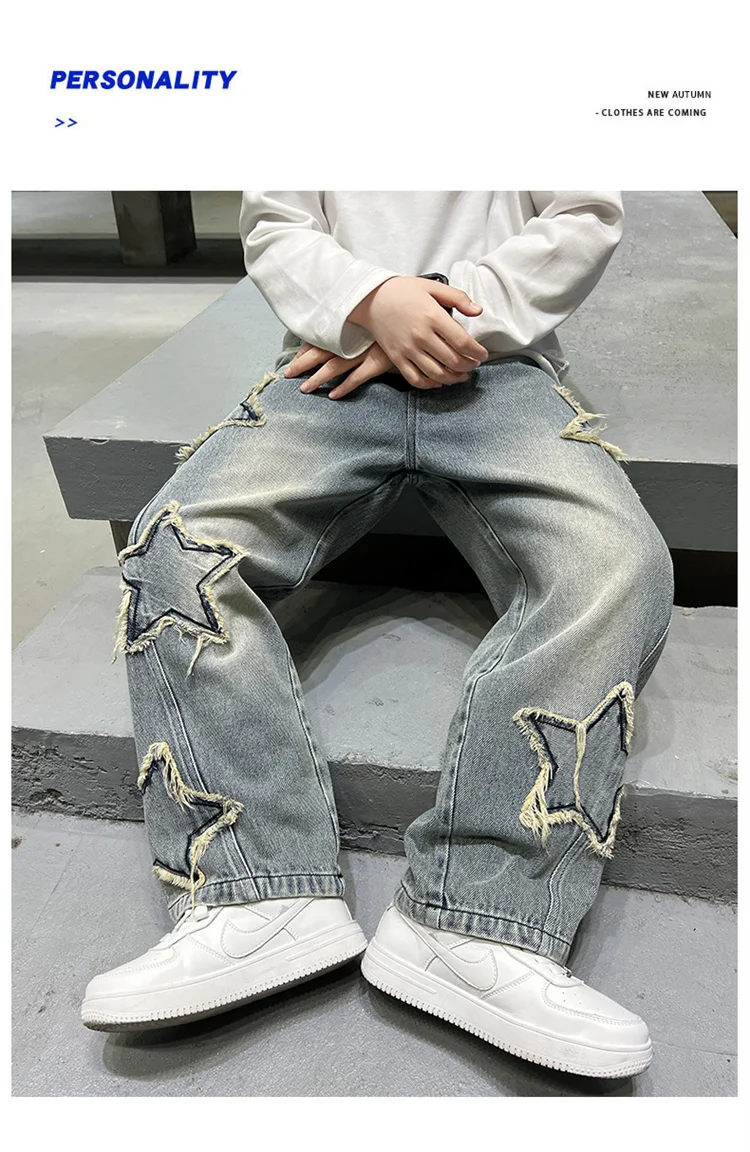 Koreanische Kinder-Jungen-Freizeitjeans mit Fünf-Punkt-Stern-Print, Denim-Hosen für Kinder, Bestseller, Jeans mit elastischem Bund, für Kinder von 5 bis 14 Jahren – Detail 12