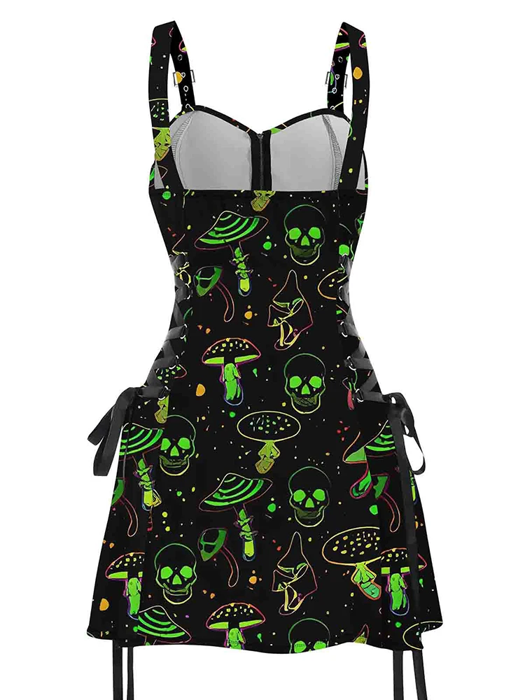 Sukienki damskie Galaxy Skull Mushroom Print Lace Up Mini Dress Half Zipper Regulowana sukienka z klamrą Letnia sukienka bez rękawów