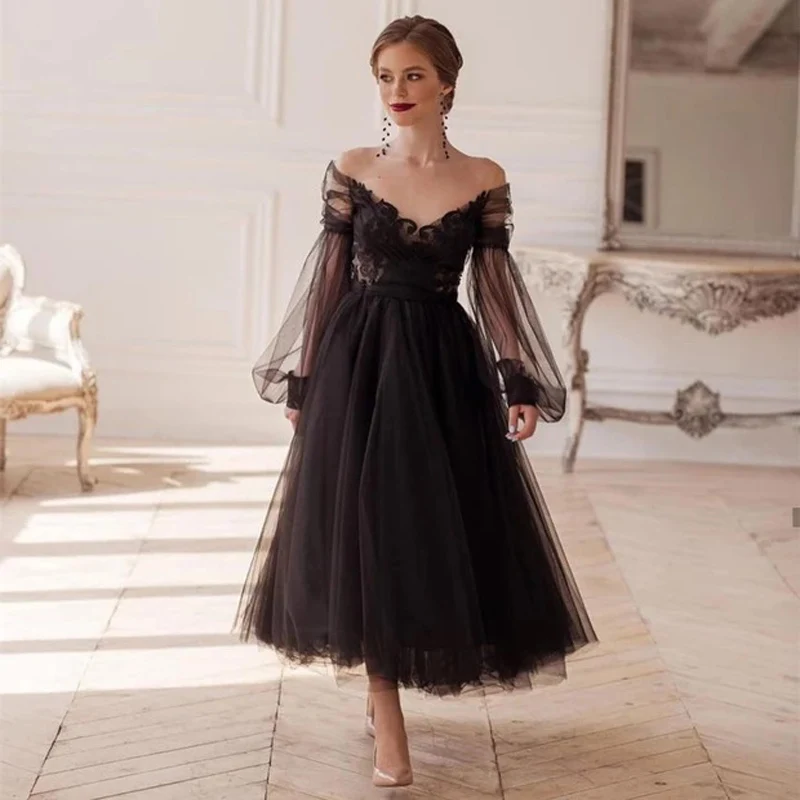 

Black Princess Evening Dress 2022 A-Line Sexy Illusion Long Sleeve V-Neck Lace Appliques Backless Ankle-Length Party Prom Gown