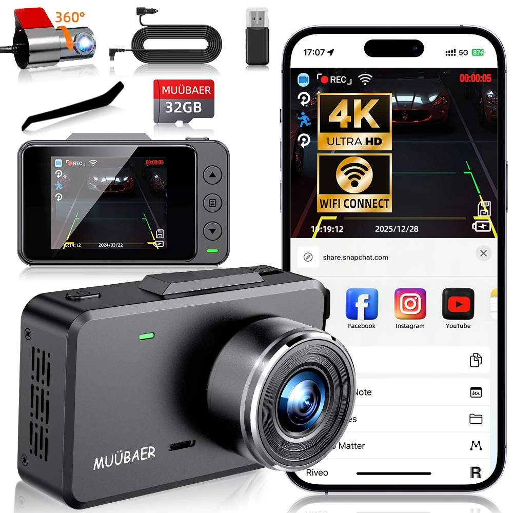 

Передняя и задняя двойная видеорегистратор 4K и 1080P | 170 ° Широкоугольное управление сотовым приложением WDR WiFi + бесплатная карта емкостью 32 ГБ — идеальный новогодний подарок