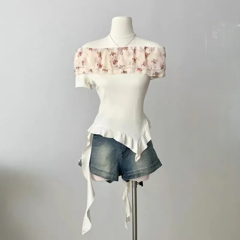 Women's Black Off-Shoulder Short Sleeve Top Floral Print Ruffle Detail Asymmetrical Slim Fit Blouse