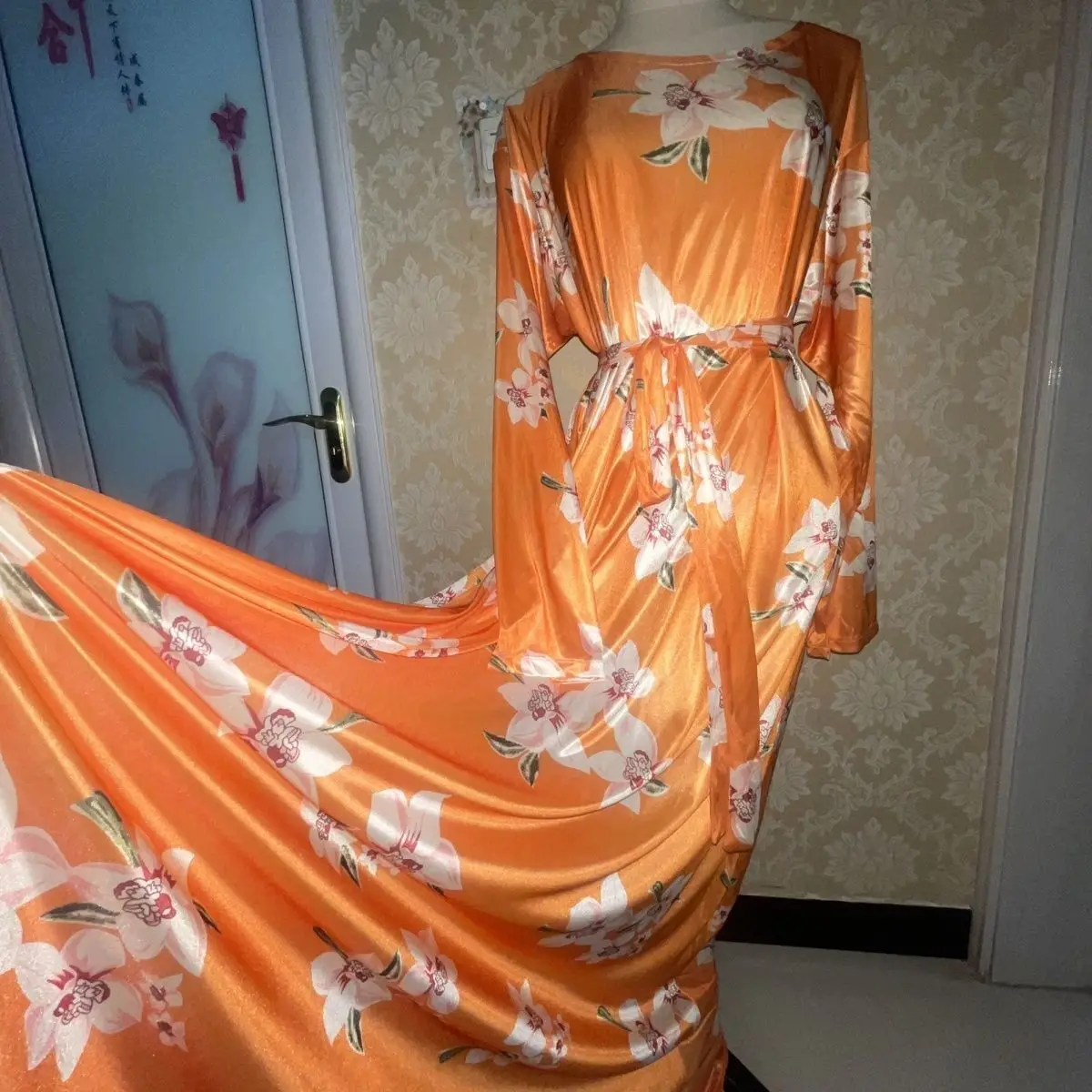 Glossy Orange Floral Print Sexy Women Satin Long Dress Long Sleeve Loose Night Dress Plus Size Sleeping Robe