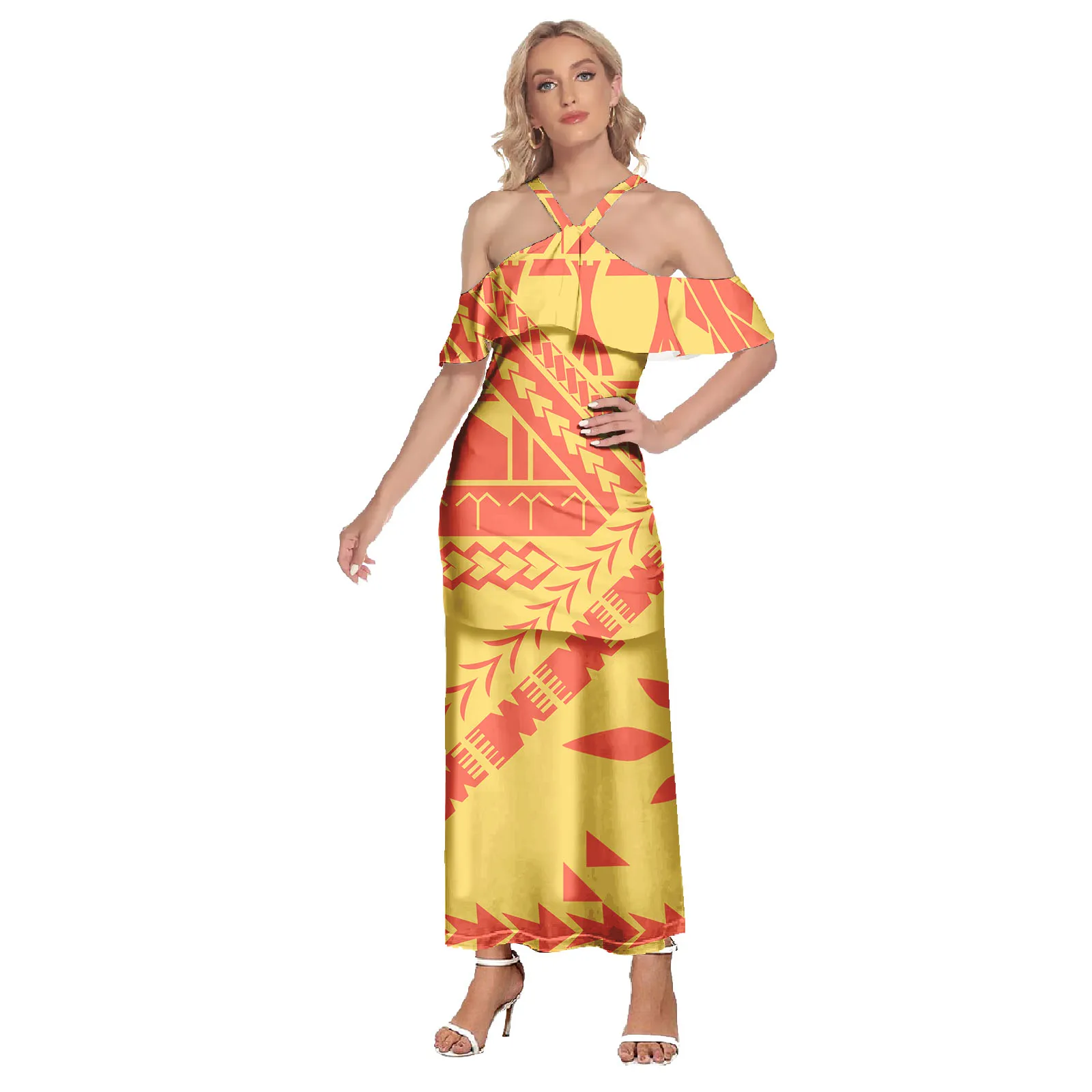 Vestido plissado polinésia roupas tribais samoan puletasi tapa samoan flor impressão vestido de duas peças conjunto roupas femininas