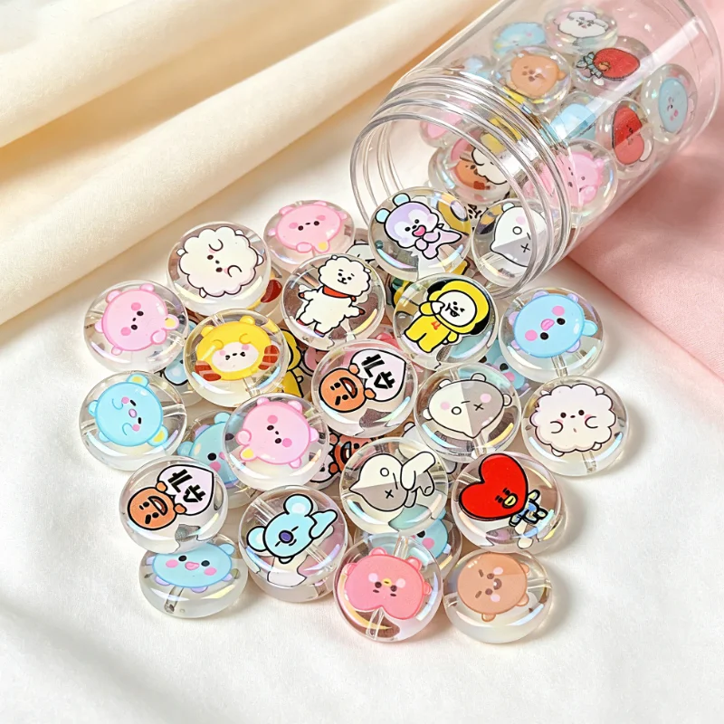 Бусины BT21, 10 шт., плоские, со сквозным отверстием, 24 мм, случайный стиль, для рукоделия, мультяшные, для DIY-аксессуаров, для телефонных шнурков