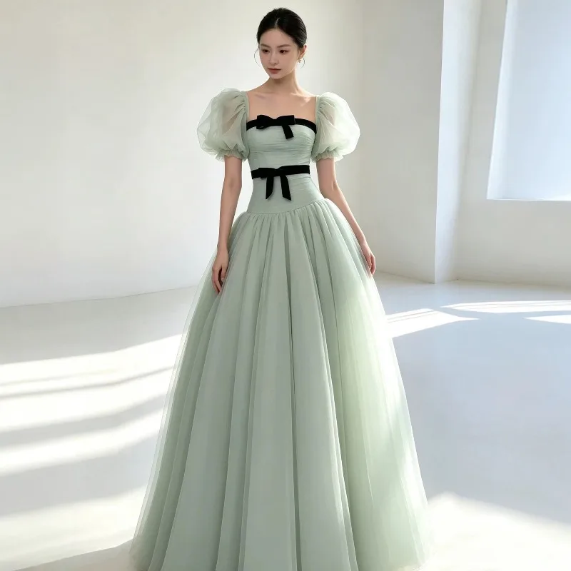 2026 New Women's Green Banquet Evening Dress Fashion Slim Fit Bow Decor Party Performance Long Dress Customizable Available