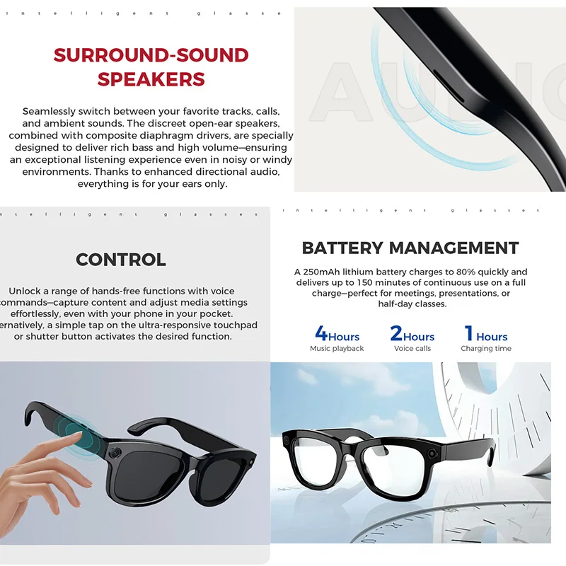 New Built-in Camera Smart Glasses Photo Recording AI Language Translation 250mAh Large Battery Waterproof Bluetooth SmartGlasses