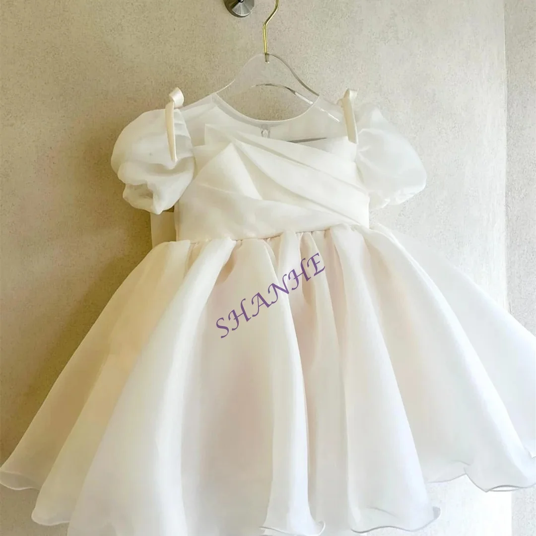 فساتين فتاة الزهور مخصصة بيضاء مكشكشة أنيقة الأميرة الأورجانزا الكرة ثوب للأطفال حفلة عيد ميلاد فستان التواصل الأول #5