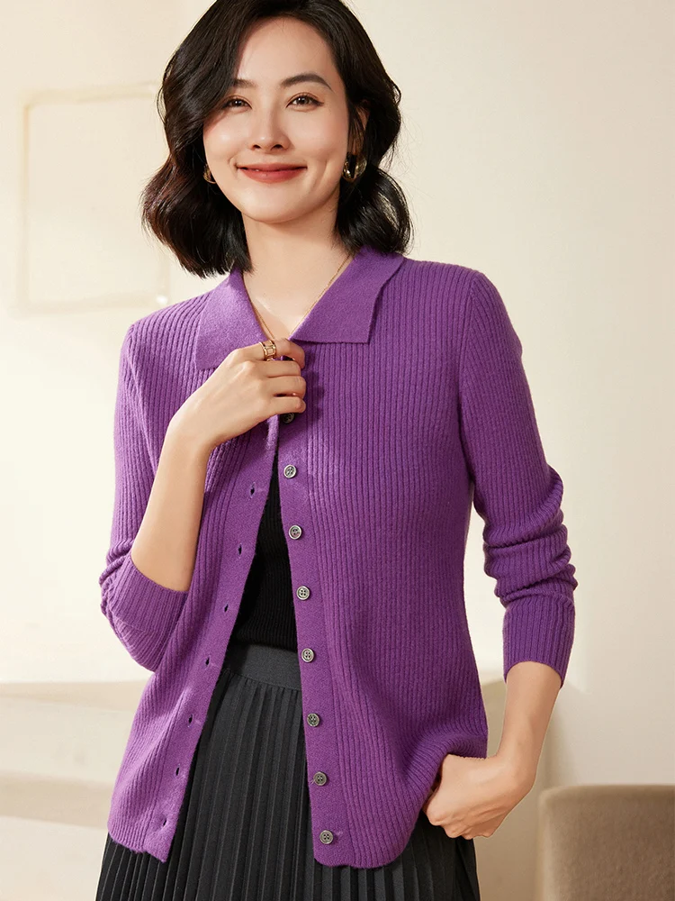 Damski kardigan z kołnierzykiem, zapinany na guziki, ze 100% wełny merino, jesienno-zimowy, elegancki sweter z kaszmirem, dzianina, dopasowany wełniany top.