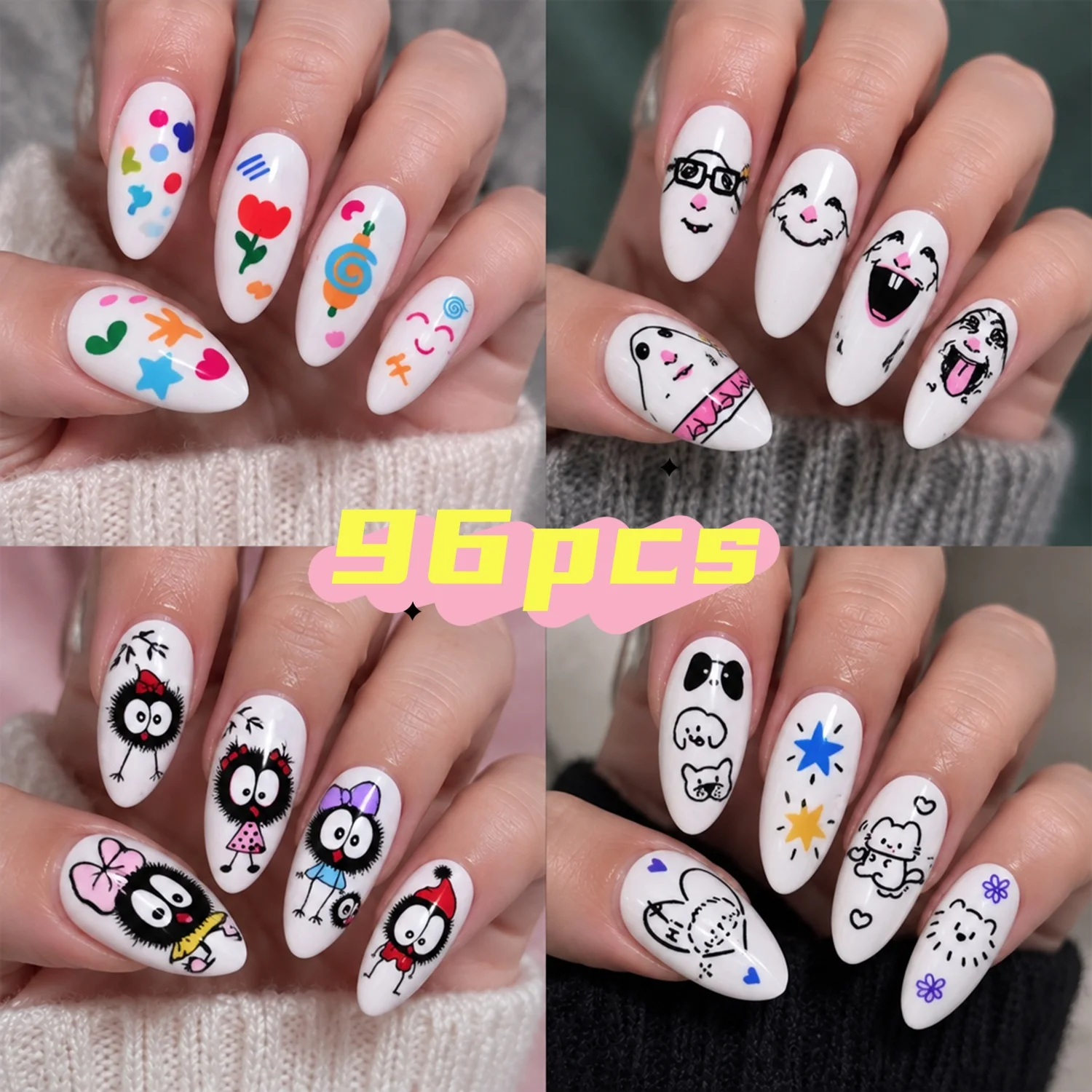 96Pcs Cute Graffiti False Nail Tips White Hand Drawn Cartoon Expression Star Flower Press On Nails for Holiday Party &Daily Wear