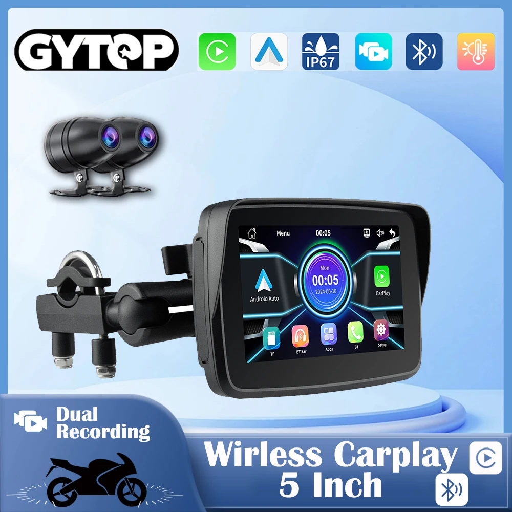 5inch Motorcycle GPS Wireless 2025 Carplay Android Auto Dual Cameras DVR Monitor IPX7 gps for motorcycle screen