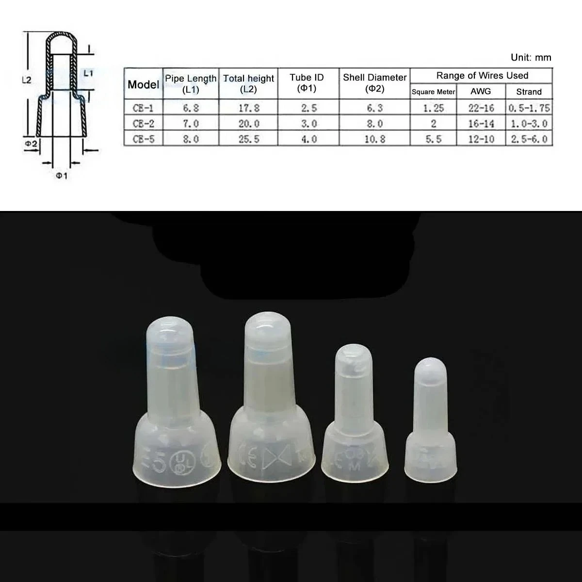 10~2000Pcs CE Type CE-1 CE-2 CE-5 CE-8 Wire Terminal Pressure Line Nylon66 Closed End Cap Connector Car Audio Cable Crimp Splice