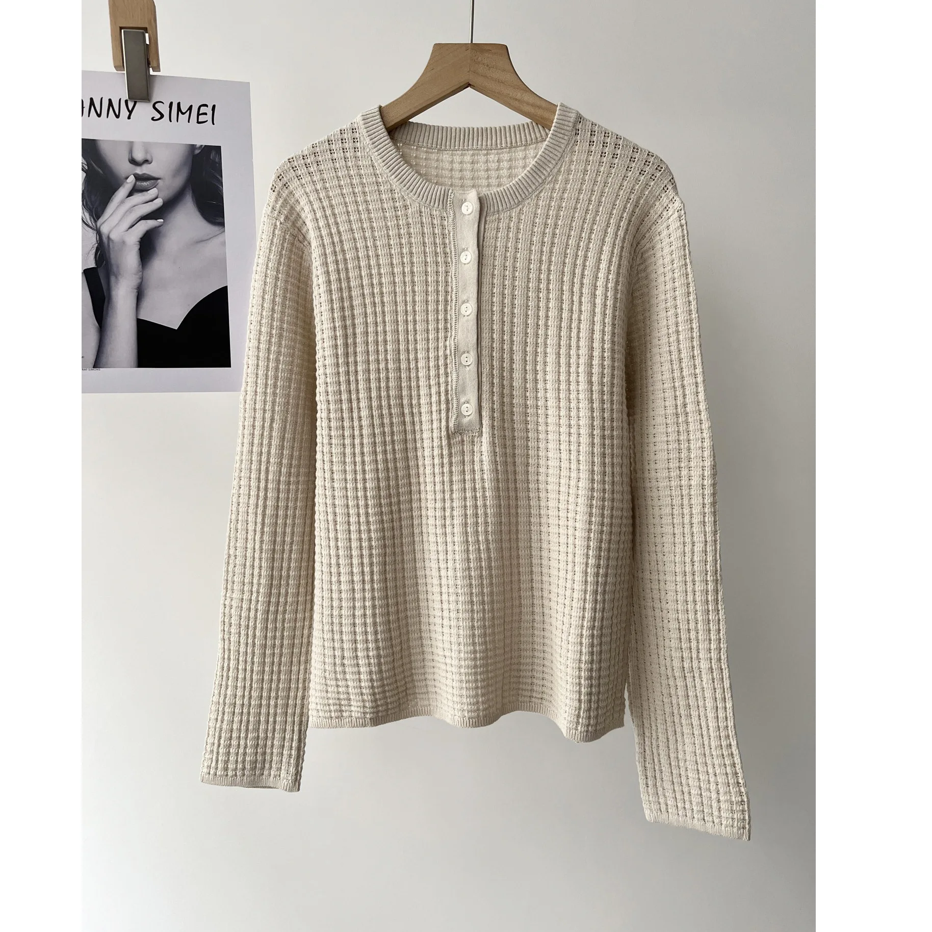 

Women's casual lazy old money wind hollow Henry collar long-sleeved knitted sweater spring 16a-2544