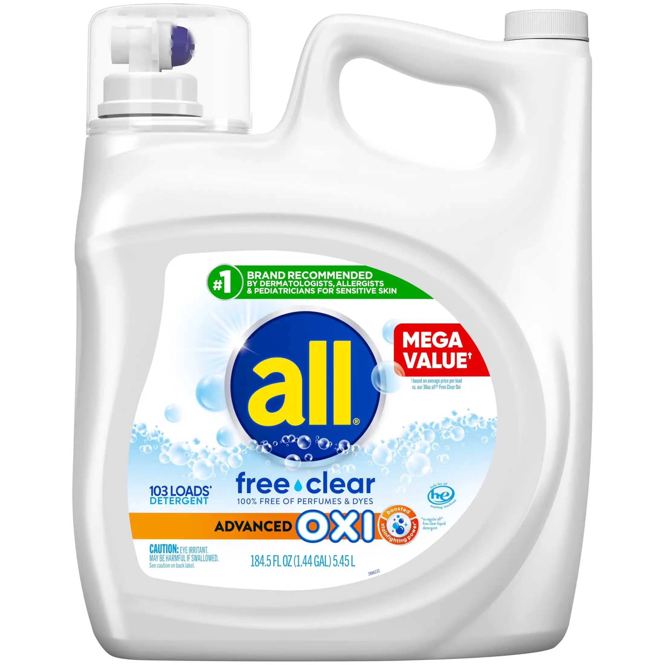 

Liquid Laundry Detergent with Advanced OXI Stain Removers and Whiteners Free Clear 184.5 Ounce 103 Loads