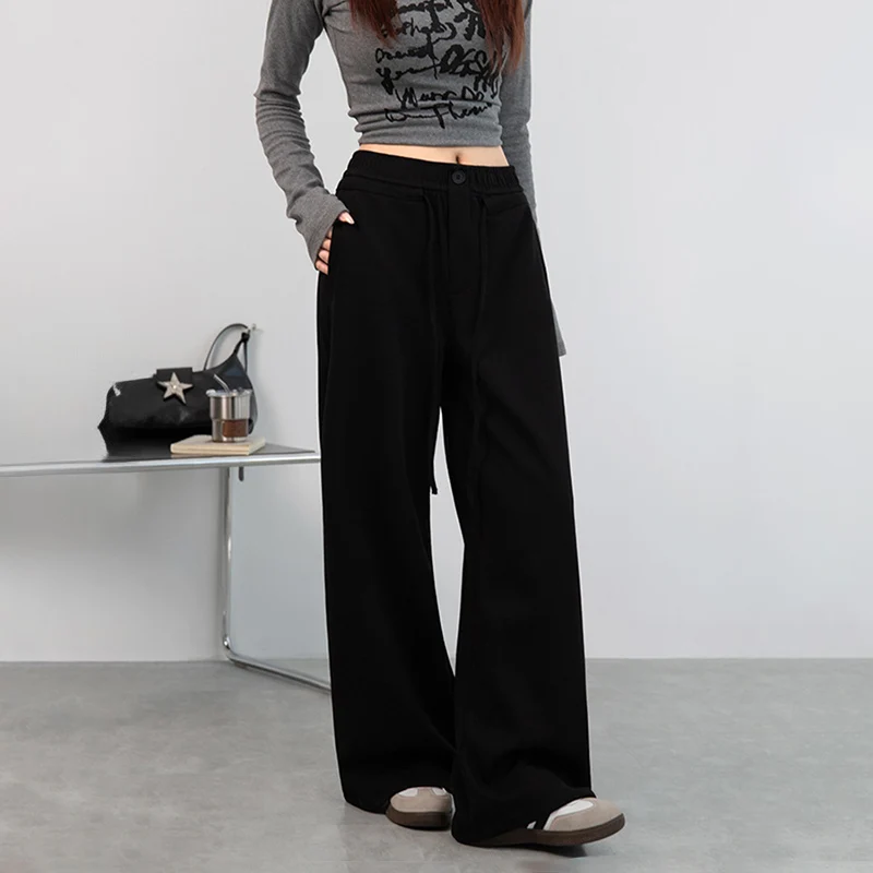 2025 New Drawstring Khaki Sweatpants Women Autumn Winter American Retro Baggy Wide Leg Trousers New Versatile Skateboard Pants