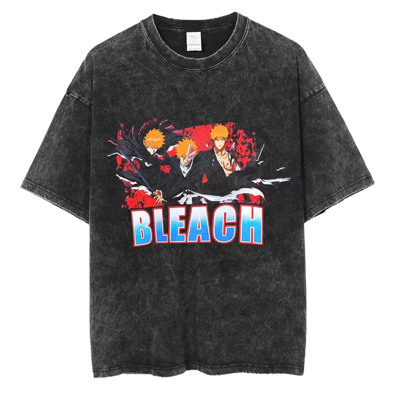 Japan Anime Bleach Zaraki Kenpachi Graphic Washed Cotton T‑shirt Unisex Harajuku Loose Short Sleeve Casual Tops