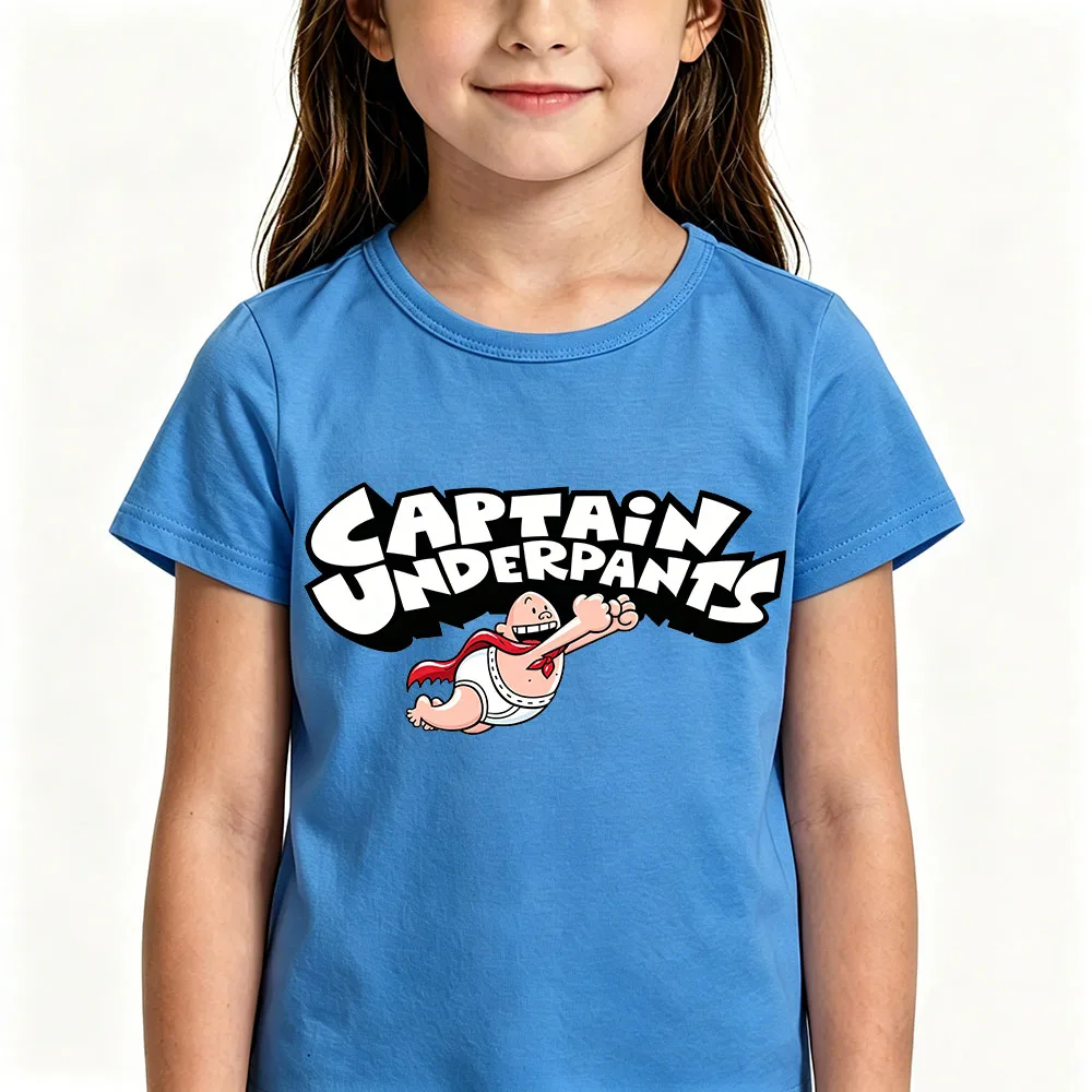 Hot Sale Cartoon Captain Print Short Sleeve Captain Underpants Children's T-shirts 100% Cotton Cute Boys Girls Tees for Summer
