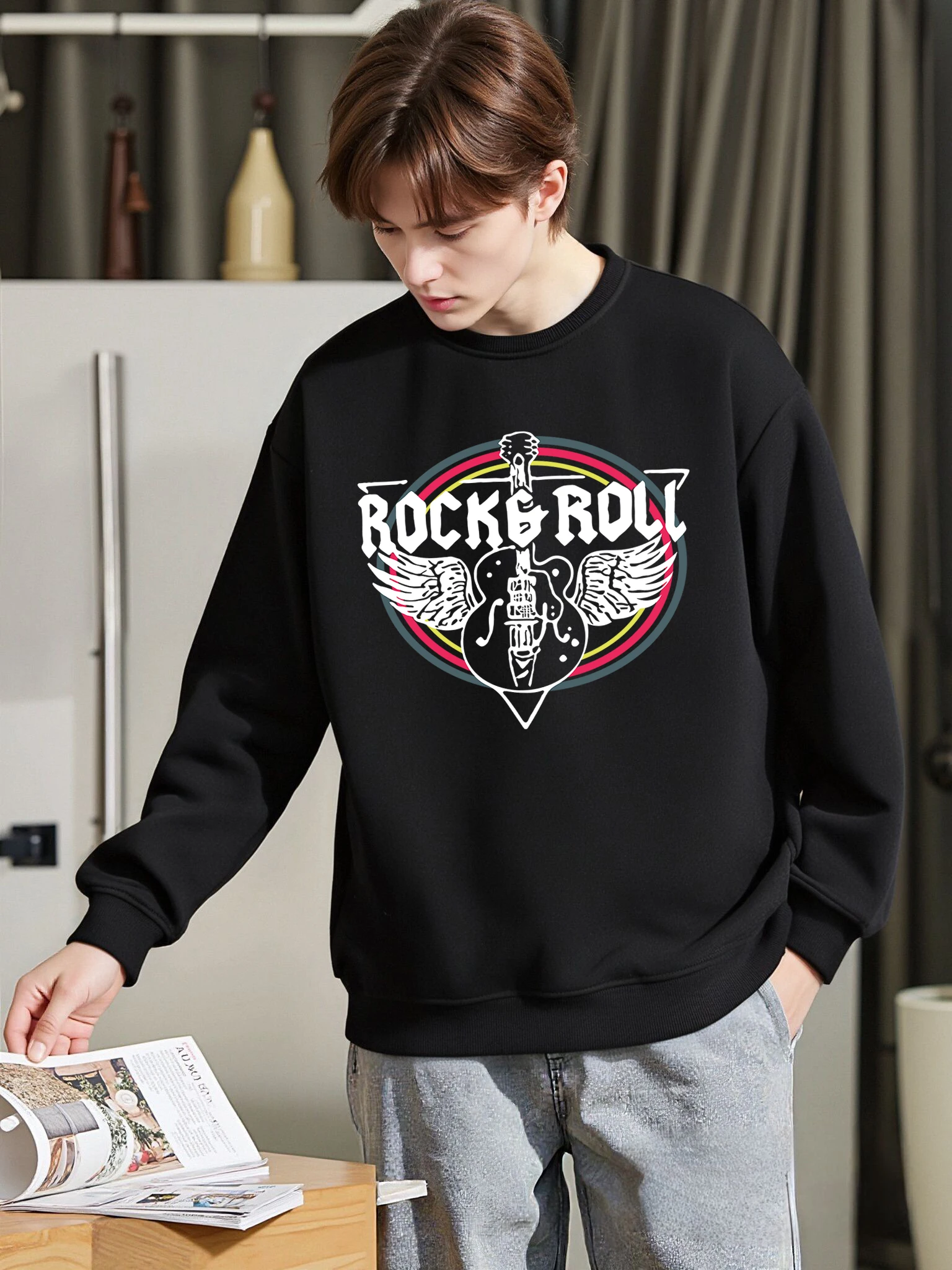 Rockg Roll Guita Druck Männer Pullover Komfortable Hip Hop Fleece Sweatshirt Oansatz Herbst Neue Kleidung Lose Beiläufige Streetwear