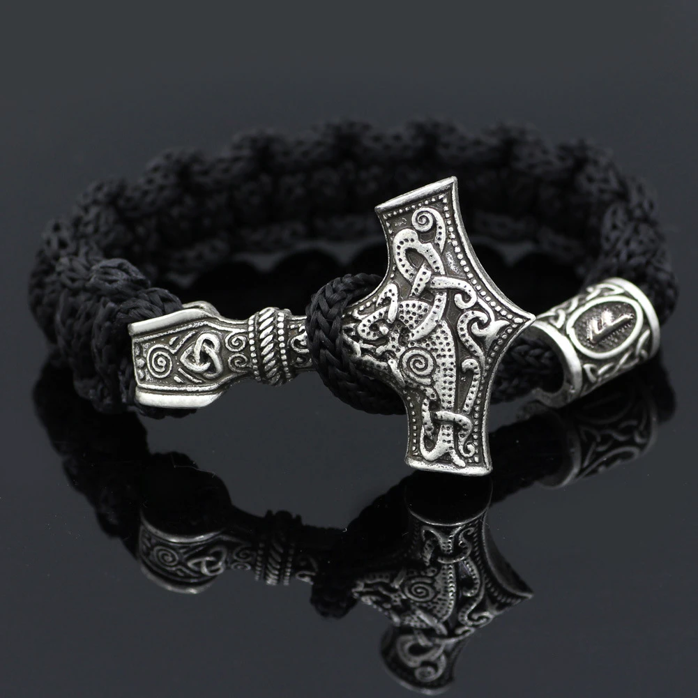 Ancient Norse Viking Men Bracelets Thor Mjolnir Hammer Paracord Amulet Runes Beads Hand Made Rope Wrap Scandinavian Bangles Gift