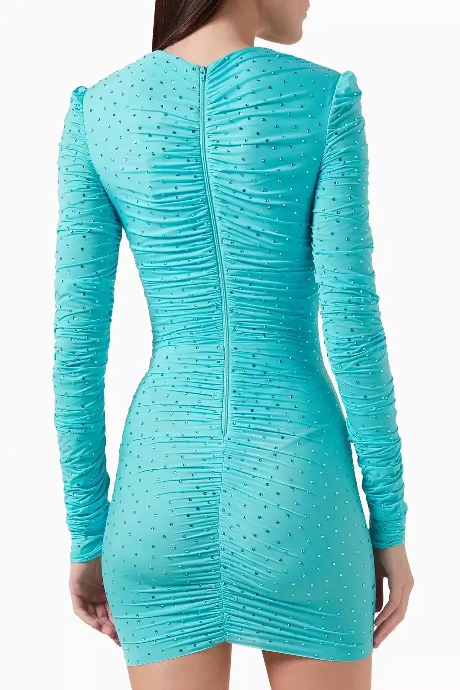 

Прессованное мини-платье с длинными рукавами и бриллиантами, женское лето-осень, зеленое, синее