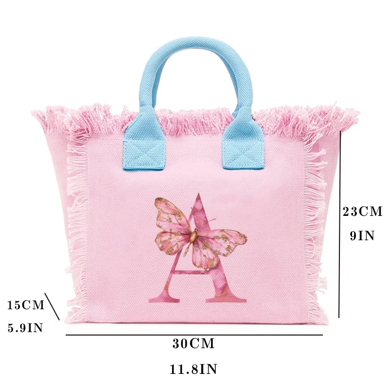 Borsa tote casual da donna in tela rosa e blu con borsa da spiaggia con nappa con stampa di lettere a farfalla, indispensabile per un elegante accessorio da spiaggia