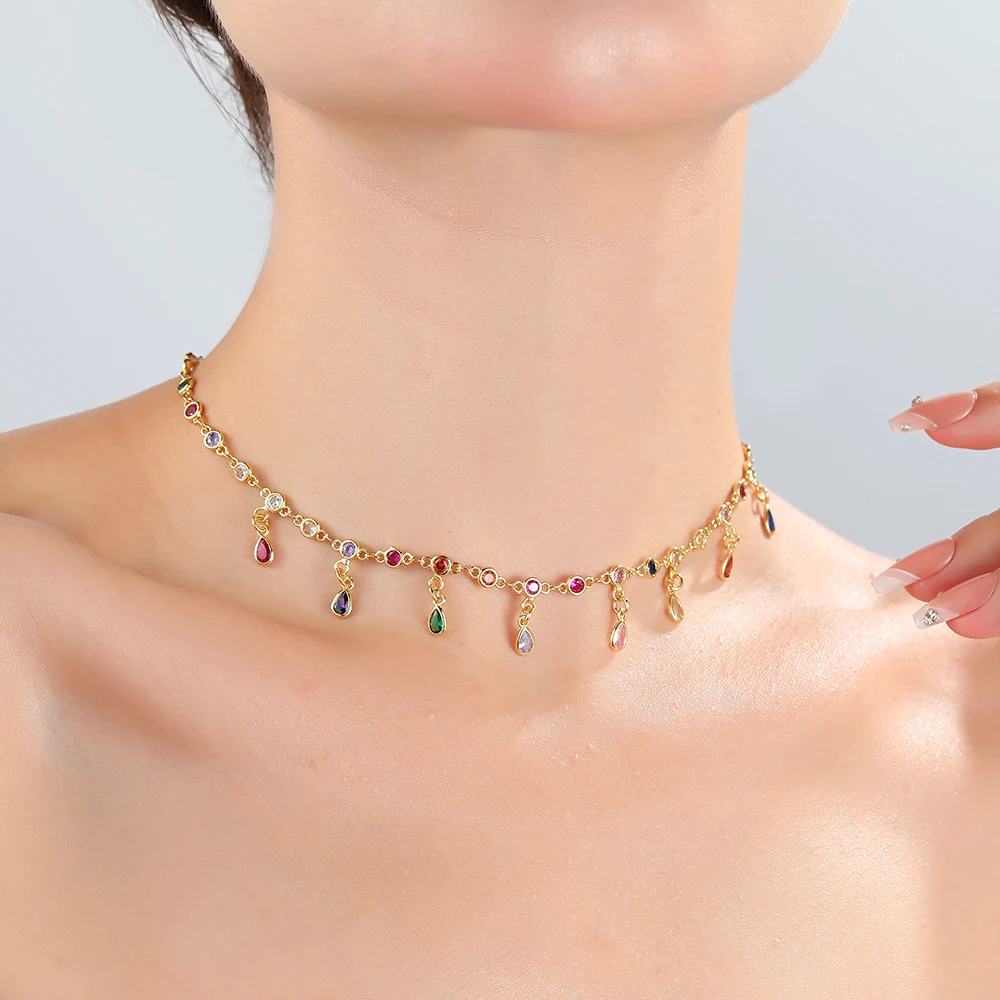 Bridal Fashion Rainbow Crystal Rhinestone Choker Necklace Women Wedding Accessories Tennis Chain Chokers Jewelry Collier Femme