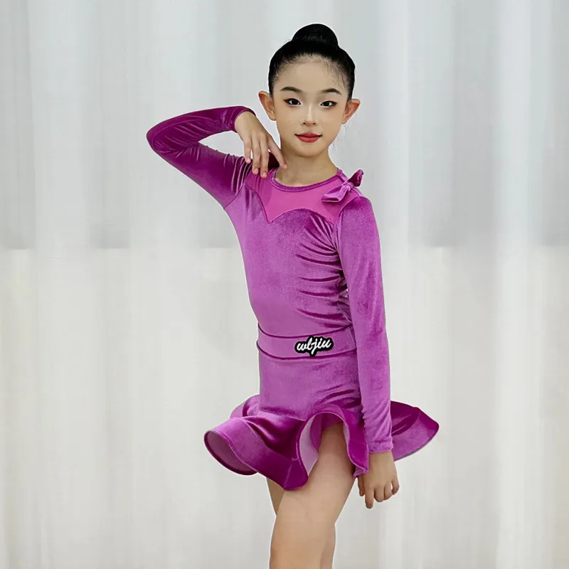 2027 Velvet Latin Dance Suit For Girl Performance Practice Wear Long Sleeve Bodysuit Ruffle Skirt Kid Rumba Dance Training Set