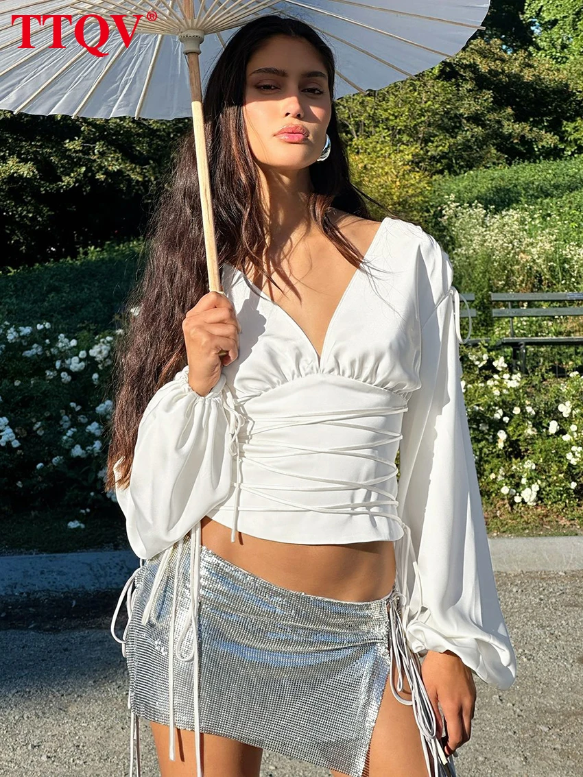 

TTQV Fashion Slim White Women's Shirt 2026 Sexy V-Neck Long Sleeve Lady Shirts Elegant Classic Bandage Top Female Clothing