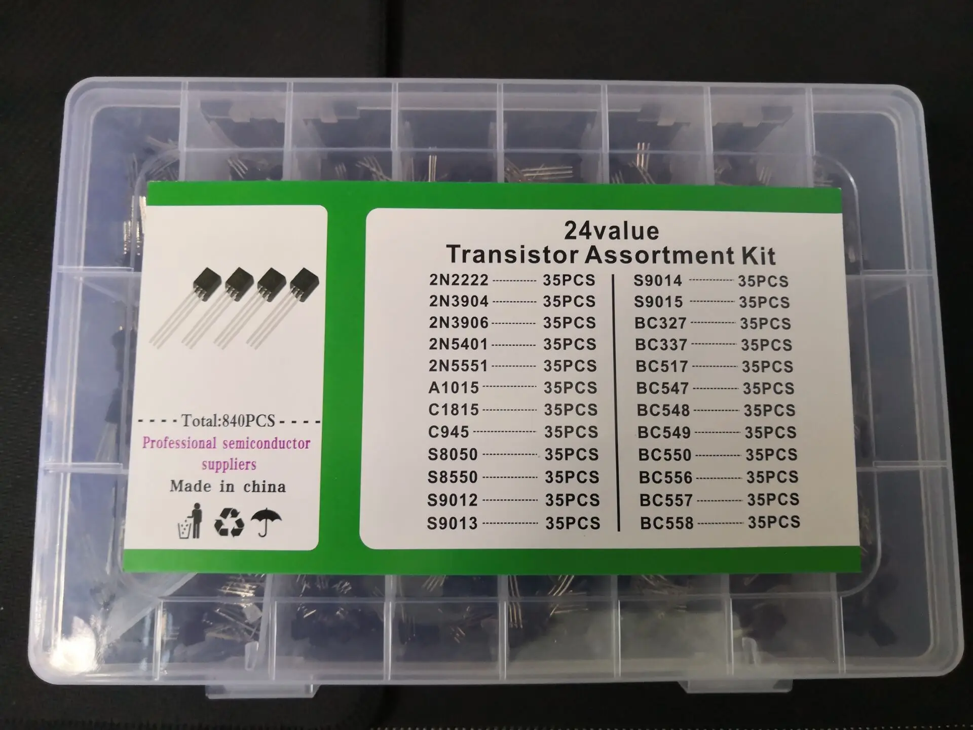 

24Value*35PCS=840pc Transistor Kit BC327/337/517/547/548/549/50 2N2222/3906/3904/5551/5401 C945 A1015 S/9012/9013/9014/9015/8050