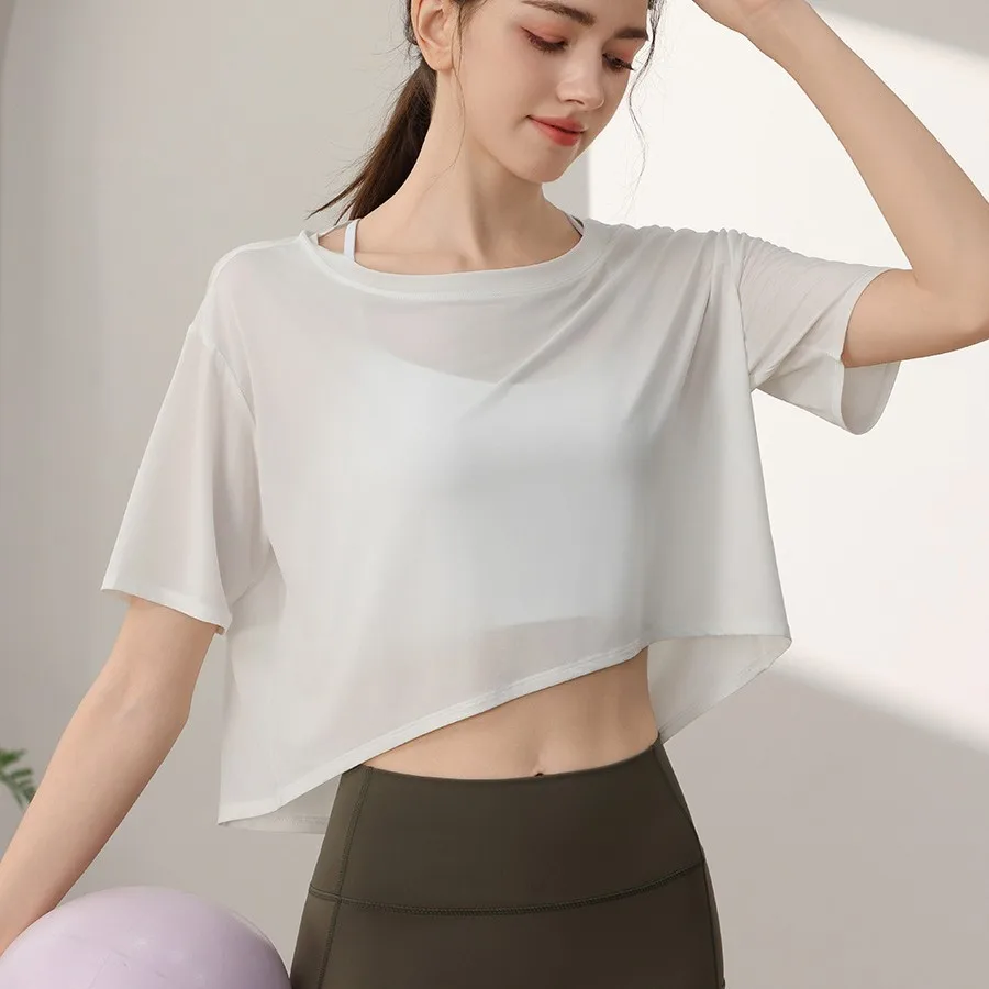 

Tencel Loose Sports Short Sleeved Cover Shirt for Women, Sun Protection Fitness Top, Running Outer T-shirt, Summer 2025