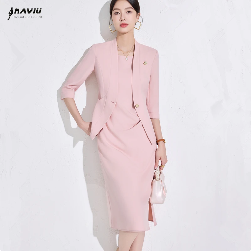 

NAVIU Elegant Women Professional Suit Dress Set Spring Summer V Neck Single Button Fashion 2 Pcs Blazer And Dresses