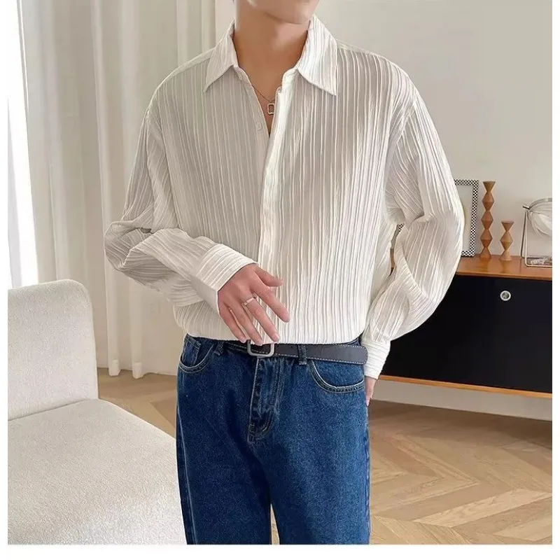 

Luxury Black White Apricot Long Sleeve Shirt Men Fashion Wave Texture Cross-border Mens Shirt Pleated Loose Casual Tops Shirts