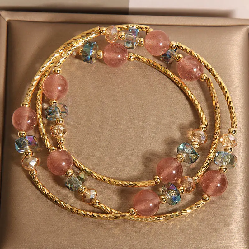 

Браслет с натуральным кристаллом клубники и несколькими петлями, легкий роскошный нишевый высококачественный хрустальный ручной шнурок, изысканный сложенный китайский стиль