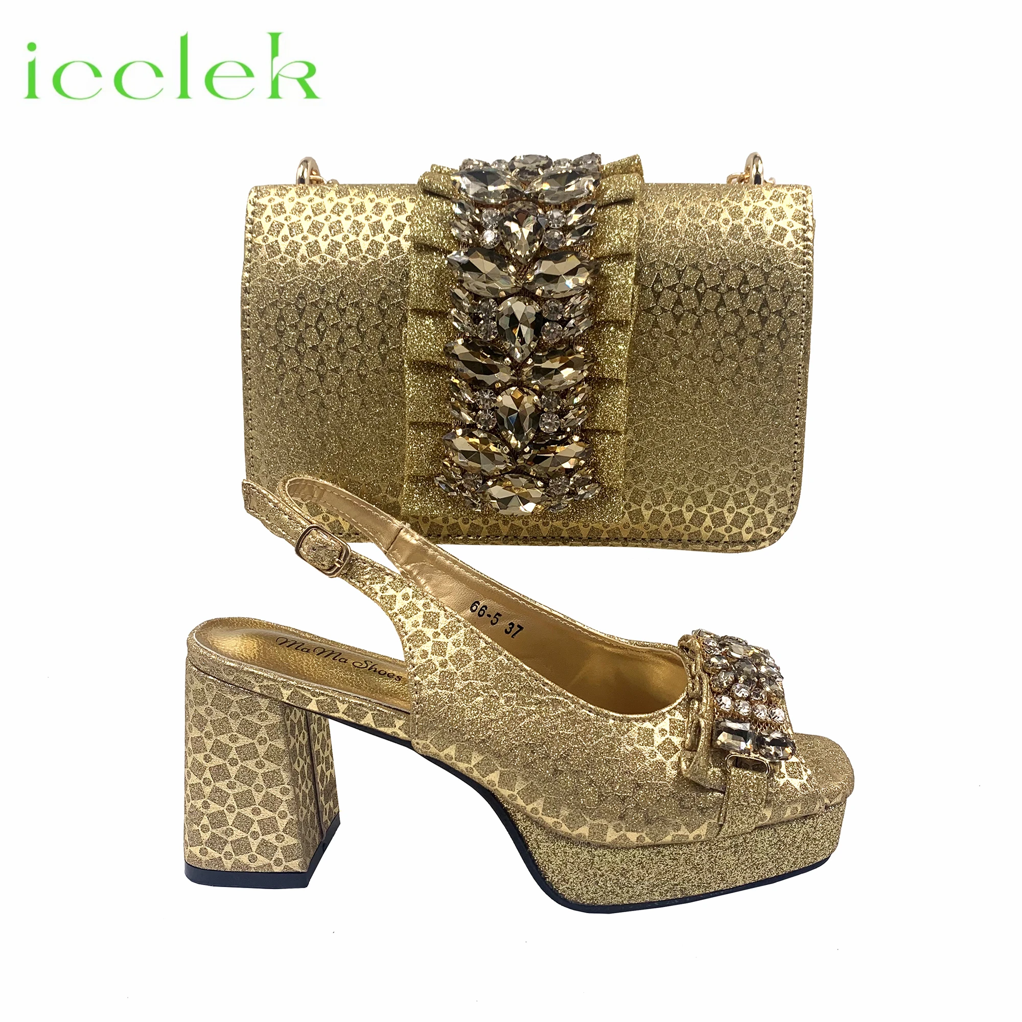 Gold Elegant Women's High Heels Shoes And Bag Set with Rhinestone Decoration Wedding Party Spot Goods OL Fashion Handbag