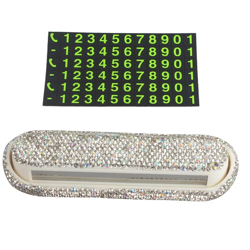 Card Ornament with Bling Bling Crystals Phone Number Hiding Decoration for Women White Car Temporary Parking Phone Number