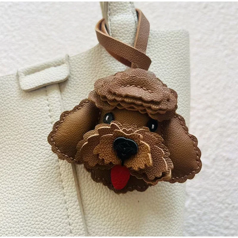 Creative Teddy Dog Keychain Bag Pendant Handmade Genuine Leather Original Design Car Key Bag Hanging Decoration Female Men Gifts