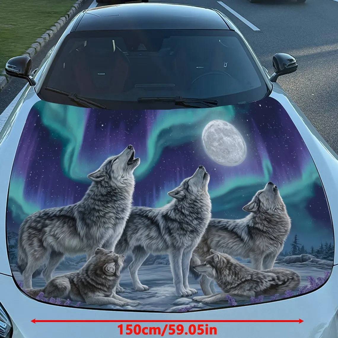 Wolves Under Aurora and Moonlight Pattern car hood stickers, waterproof self-adhesive, scratch resistant, easy to stick, durable