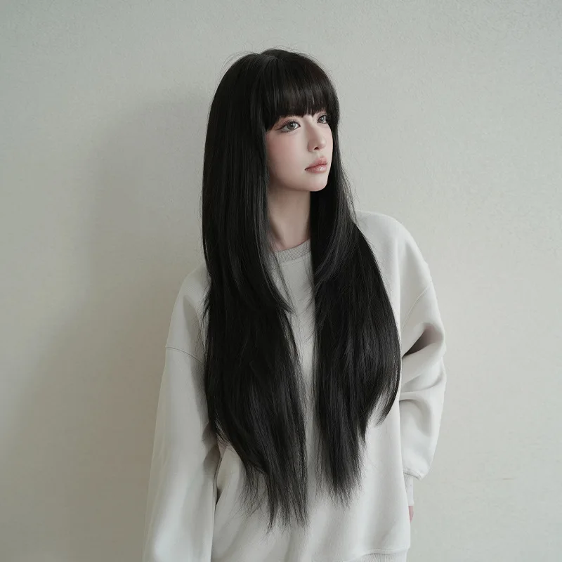 前髪付きストレートヘアウィッグ、黒ウィッグ、非レースナチュラルカラー、コスプレパーティーナチュラルウィッグ、女性が使用するのに適しています