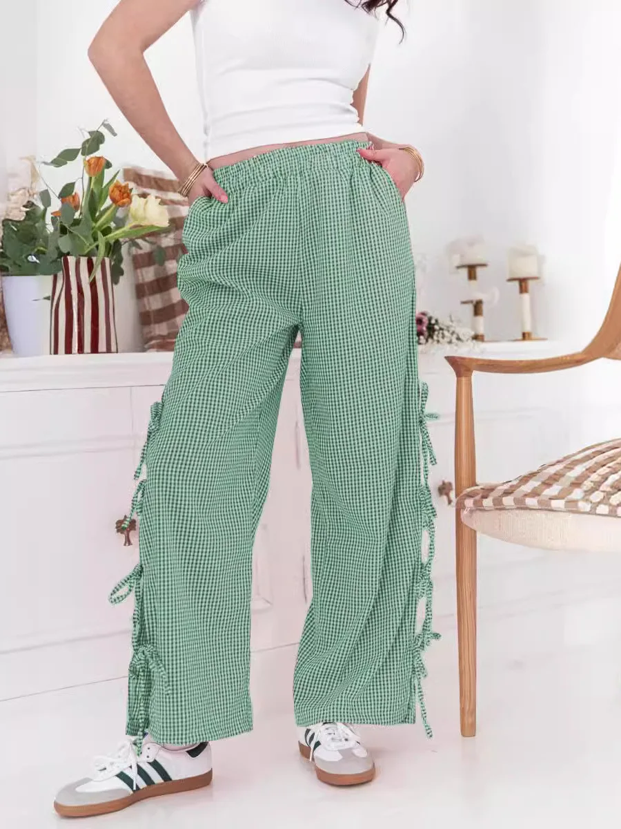 ファッショナブルな夏の格子柄ベルト付きワイドレッグパンツ、女性用通勤スリムカジュアルパンツ、lウエスト、ポリエステル繊維プリント