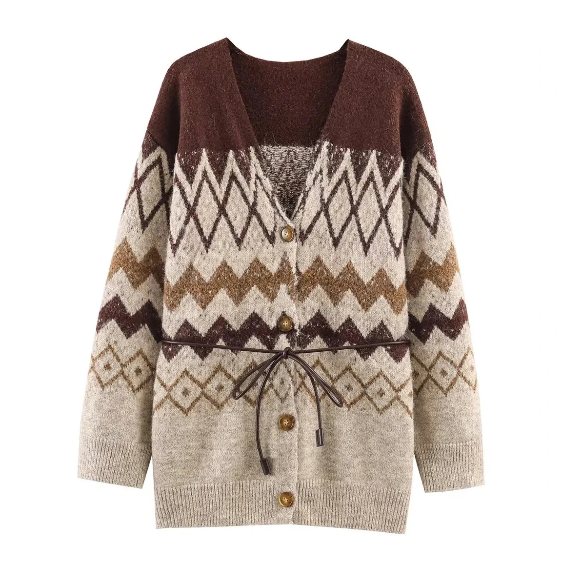 

Новая женская одежда, однорядная трикотажная куртка с v-образным вырезом и длинными рукавами, жаккардовыми бусинами и поясом