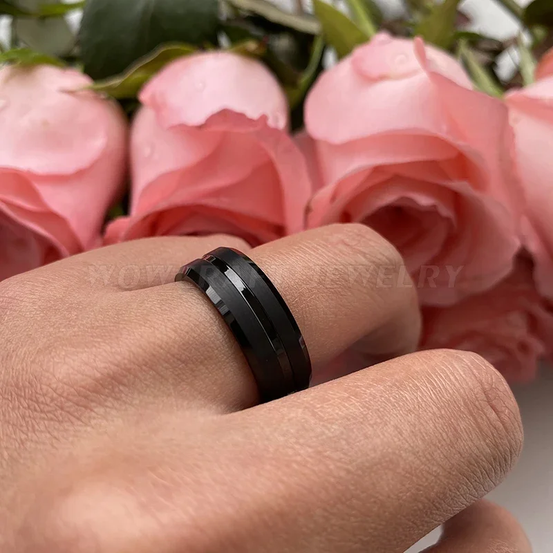 8mm Black Tungsten Carbide Ring Wedding Band for Men Women Grooved Center Brushed Finish Comfort Fit Engraving Free