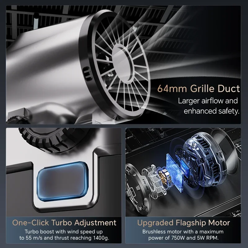 750 واط و64 مللي متر ، منفاخ هواء مجفف السيارة مع ضوء ، مقبض سيليكون للتحكم في السرعة ستبليس ، منفاخ مجفف مروحة توربو معزز للسيارات