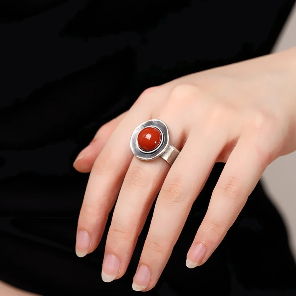 Retro Ethnic Nanjiang Red Agate Sliver Color Irregular Flying Saucer Shape Opening Ring for Women Stainless Steel Finger Jewelry